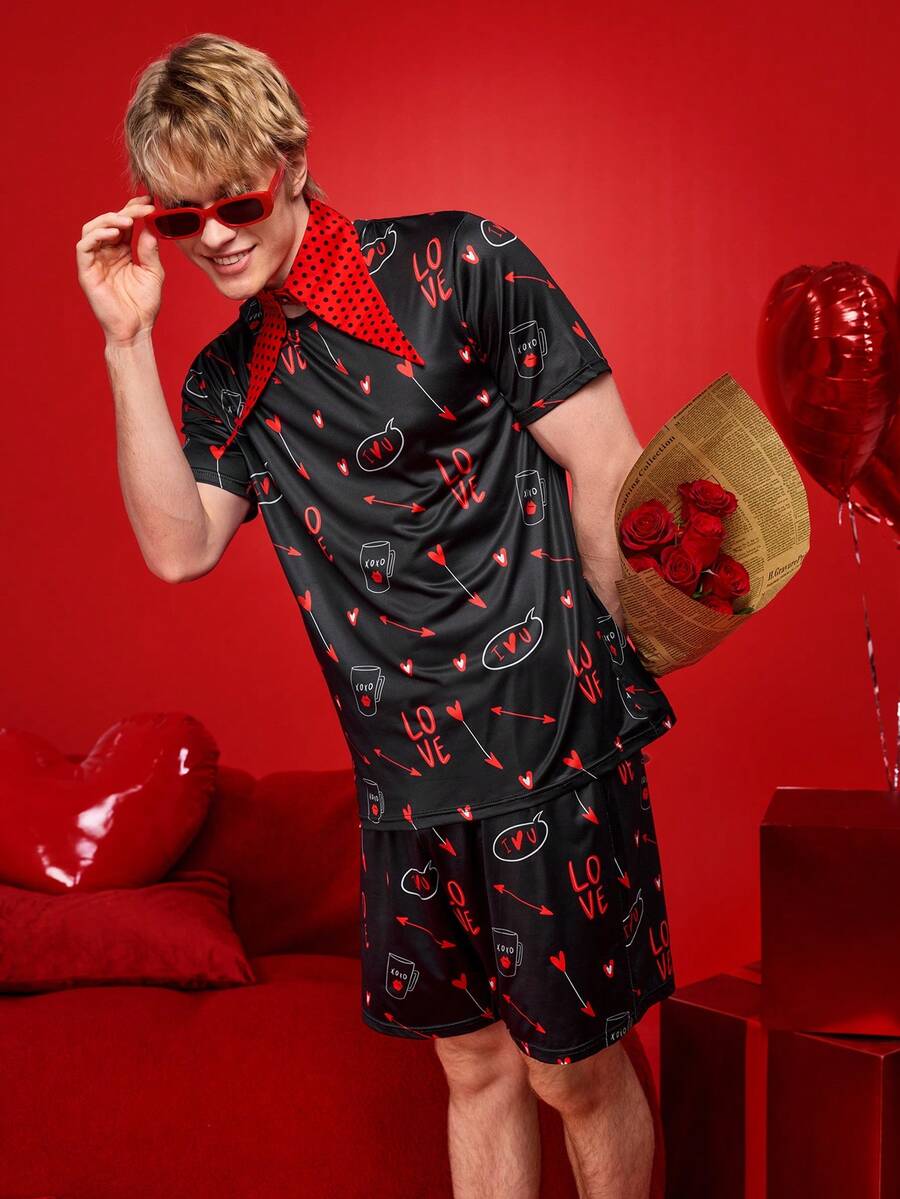 Notgurli Men's Funny Print Pajama Set, Suitable For Spring/Summer And Valentine's Day - Multicolor - View 1