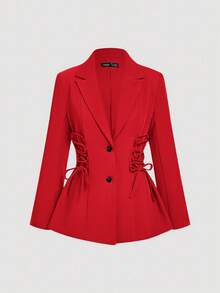 SHEIN MOD Setelan Jas dan Celana Motif Vintage dengan Tali Pengikat - Merah - View 8