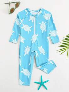 SHEIN Đồ bơi cho bé trai, áo tắm liền thân, tay dài và quần dài, có khóa kéo dễ mặc vào và cởi ra, vải dệt kim, họa tiết rùa dễ thương in kỹ thuật số, đồ bơi đi biển cho bé trai. - Màu xanh lam - Xem 4