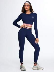 Dewbera Dewbera 2pcs Women's Navy Blue And White Workout Sets,Seamless Autumn Athleisure,Long Sleeve Crop Top And High Waist Leggings,Contrast Stripe Gym Sportswear - Royal Blue - View 12