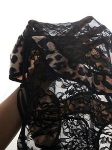 HautHeat Women's Contrast Lace Leopard Print Sexy Camisole Jumpsuit Sleepwear - Coffee Brown - View 6