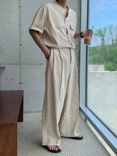 DAZY Solid Color Beige Commuter Men's Shirt Set, Spring/Summer