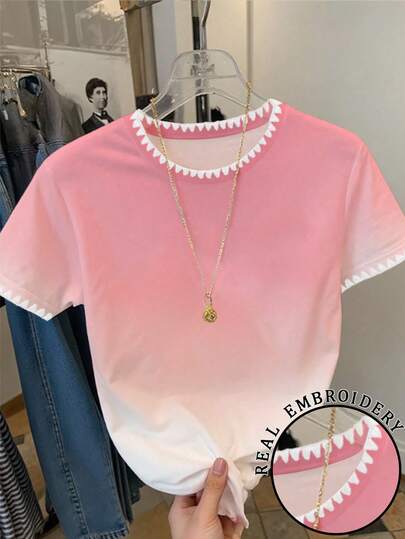 Resyla Women's Floral Trim Ombre Color Round Neck Short Sleeve Casual T-Shirt