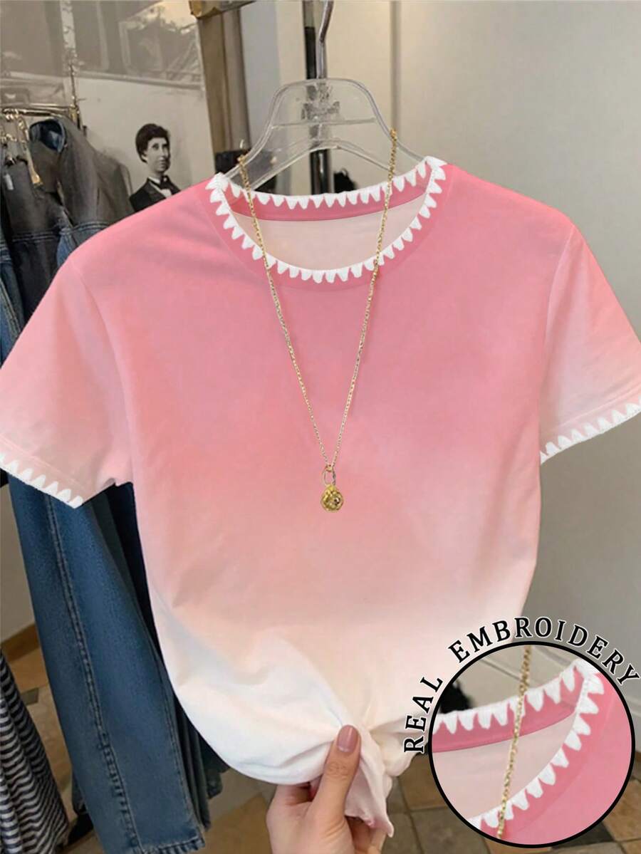 Resyla 女士花卉饰边渐变色圆领短袖休闲T恤 - 彩色 - 查看 1