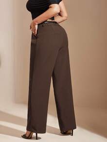 SHEIN BAE بنطلون مقاس كبير، مناسب لعيد الحب، الصيف، عيد الميلاد، عيد الحب، مقاس كبير، بنطلون مثير للمقاسات الكبيرة، بنطلون منحني، رسمي، منحني، حفلة، عمل، مناسبات رسمية، التنقل، ملابس العمل - قهوة بني - مشاهدة 2