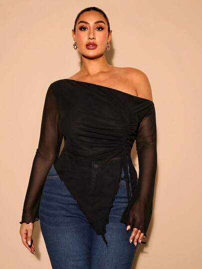 SHEIN BAE Blusa de mujer talla grande con malla y lazo, elegante para fiestas de verano y vacaciones, adecuada para el Día de San Valentín, cumpleaños