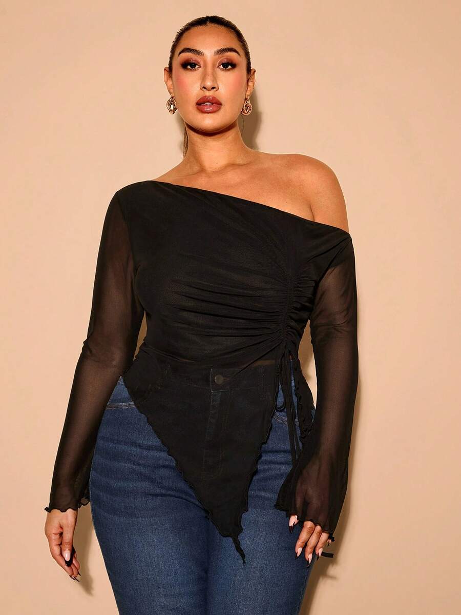 SHEIN BAE Plus Size Women Mesh Bow Blouse, Elegant Summer Holiday Party Outfit, Suitable For Valentine's Day, Birthday