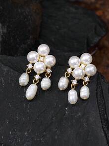 Opalesca Bông tai thanh lịch mạ vàng 18K đính đá Zirconia hình hoa và ngọc trai tự nhiên. - trắng - Xem 3