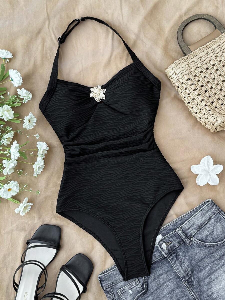 SHEIN 少女度假露背系带V领花卉金属扣白色针织纹理修身连体泳衣