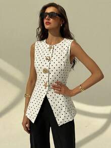 Aloruh Women's Casual Commuter Polka Dot Print Front Button Vest, Summer - Black and White - View 7