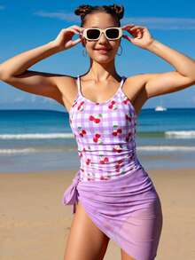 SHEIN Bộ đồ bơi liền thân cho bé gái tuổi teen 13-16 tuổi, họa tiết kẻ caro tím và quả anh đào, kèm váy voan mỏng, kiểu dáng ngọt ngào, thời trang cho kỳ nghỉ biển của các bạn nữ. - Nhiều màu - Xem 1