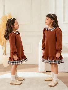 Young Girls Cute Peter Pan Collar Long Sleeve Dress - Brown - View 4