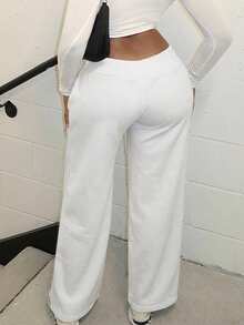 Alexandranx Comfortable And Casual Plain Knitted Low-Rise Wide-Leg Women's Sweatpants - White - View 2