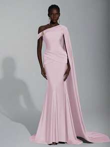 Elitara 优雅时尚的末世巧克力棕色针织面料不对称露肩半露肩修身鱼尾连衣裙，手工立体褶裥金属扣腰部交叉褶皱鱼尾裙摆，适合时尚盛会、正式晚宴、商务活动、舞会、鸡尾酒会、万圣节派对、婚礼宾客礼服等场合。 - 粉色 - 查看 1