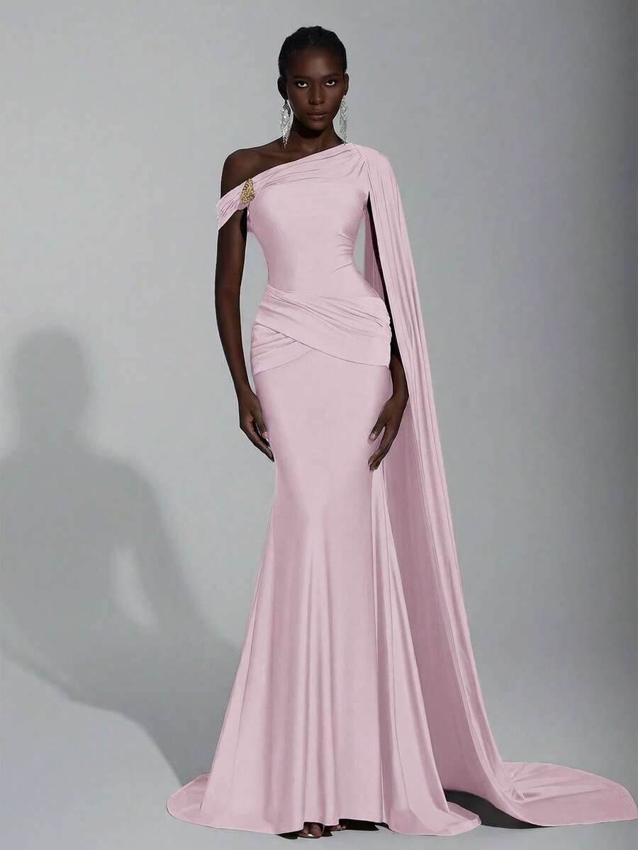 Elitara 优雅时尚的末世巧克力棕色针织面料不对称露肩半露肩修身鱼尾连衣裙，手工立体褶裥金属扣腰部交叉褶皱鱼尾裙摆，适合时尚盛会、正式晚宴、商务活动、舞会、鸡尾酒会、万圣节派对、婚礼宾客礼服等场合。 - 粉色 - 查看 1