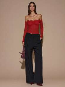 SHEIN BAE Women's Lace Sexy Sheer Hollow Out Off-Shoulder Long Sleeve Top, Wine Red, Suitable For Christmas, Halloween, Day Of The Dead, Autumn/Winter Layering