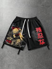 ROMWE MEN Pantalones cortos de hombre con estampado de anime lavado - Negro - Ver 1