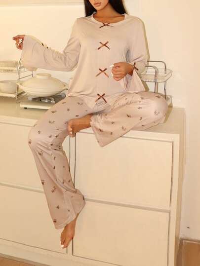 Lowkey Lull Bộ đồ ngủ nữ tay dài và quần dài có nơ trang trí