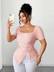 SHEIN Elenzya Áo thun nữ cỡ lớn, màu trơn, cổ vuông, tay ngắn, chất liệu vải dệt họa tiết, vạt áo bất đối xứng, thích hợp cho Ngày Valentine. - Hồng - Xem 3