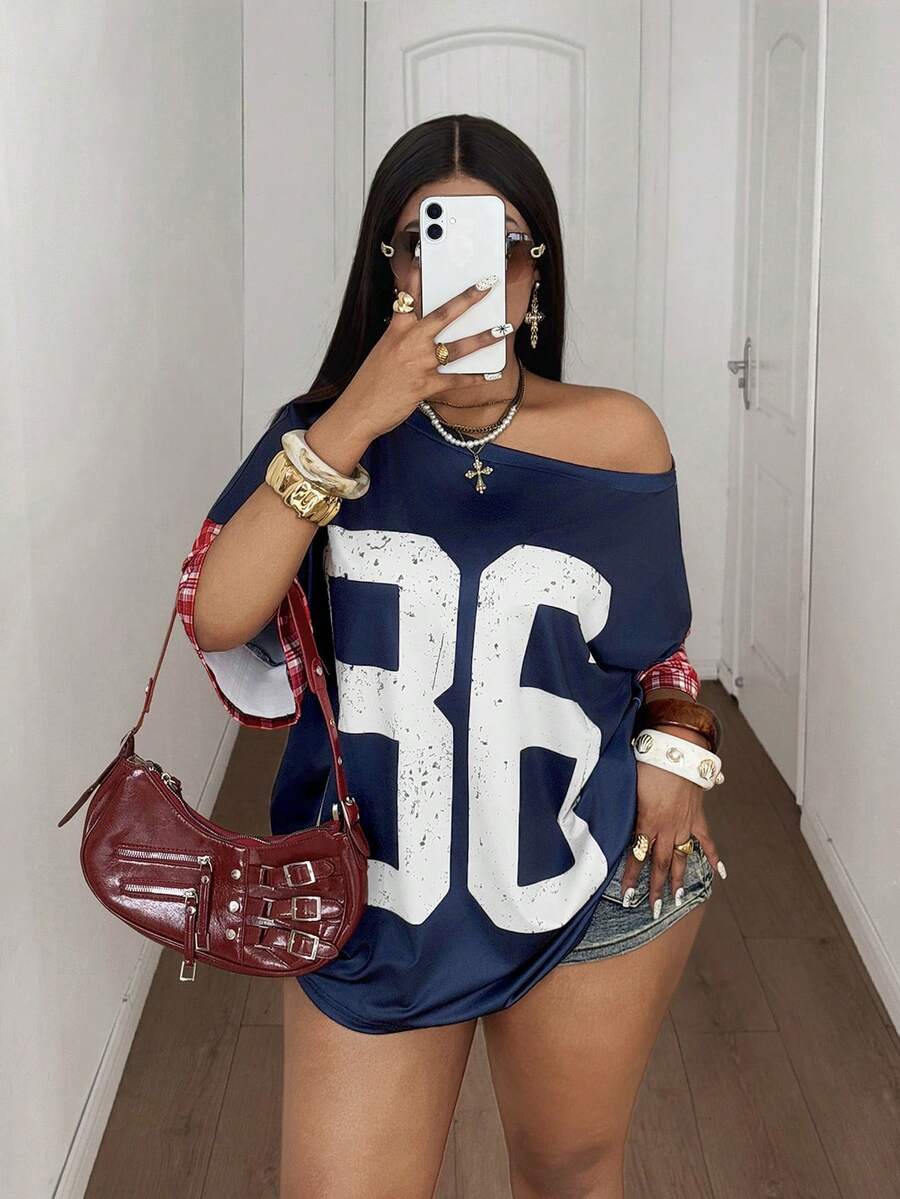 Maweii Plus Size Women Summer Casual Asymmetric Neck Numeric Plaid Print T-Shirt, Suitable For Daily Casual, Party And Gathering - Blue - View 1