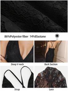 Maija Women's Deep V-Neck Lace Mermaid Hem Fitted Sexy Spaghetti Strap Dress Black Long Dress Elegant Sexy Dinner Dress Cruise Dinner Dress - Black - View 2