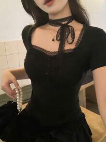 DAZY Áo thun dài tay buộc dây thanh lịch dành cho nữ, thích hợp cho mùa xuân/thu. - màu đen - Xem 5