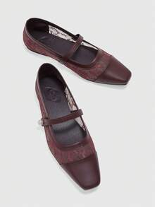 CUCCOO CHICEST Femmes Chaussures plates à bout carré de couleur chocolat avec boucle métallique, chaussures plates confortables et décontractées de style "Babies" convenant aux robes - Réseau de café - Voir 4