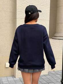 SHEIN EZwear 女士超大 V 领宽松休闲简约马图案运动衫，适合秋冬季