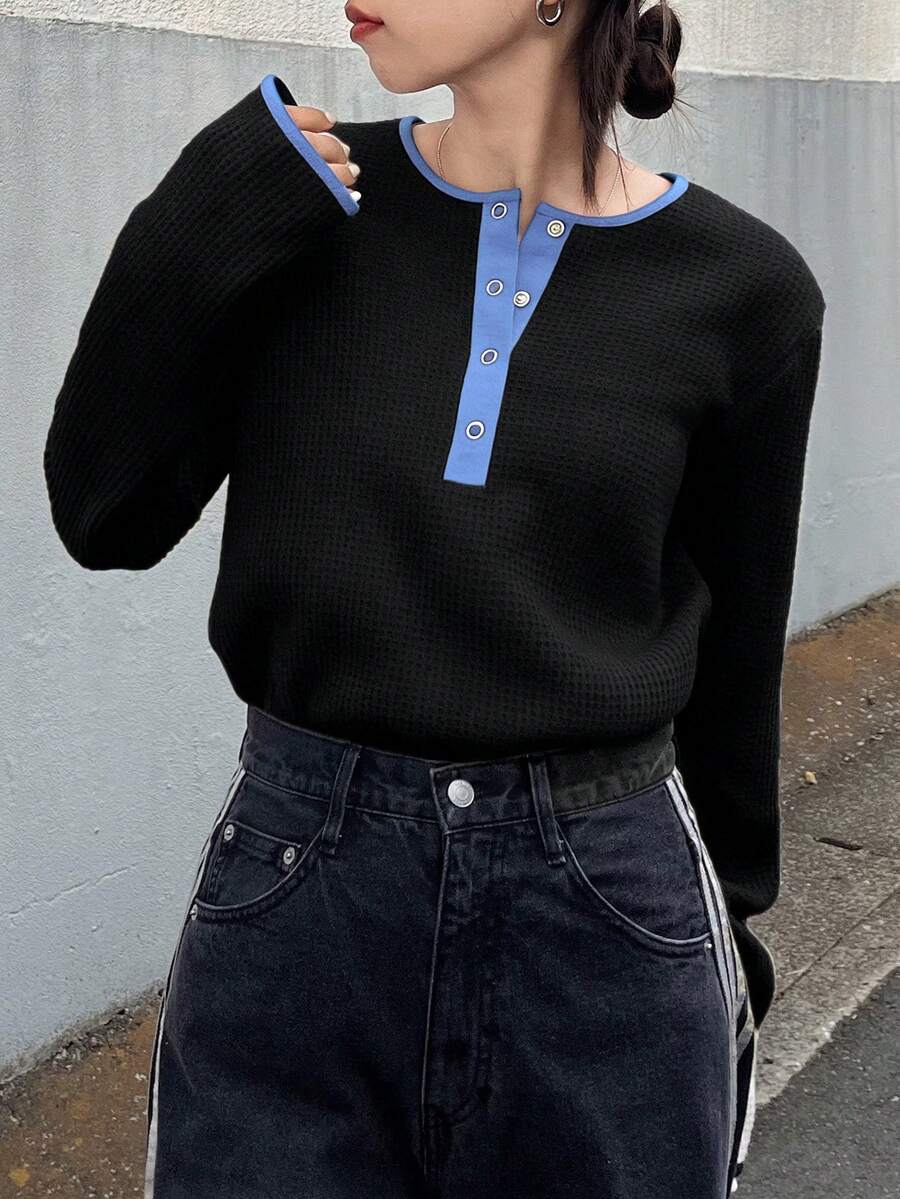 FRIFUL 女士宽松圆领半拉链撞色袖口和门襟华夫格纹理休闲T恤 - 黑色 - 查看 1