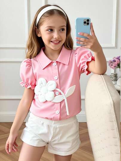 Girls Vintage Cute Sweet Casual Fashion Puff Sleeve Shirt With Floral Decor, Suitable For Casual, Vacation, Daily Wear, Summer