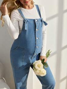 SHEIN Maternity Solid Color Denim Bib Pants And Jumpsuit - Blue - View 6