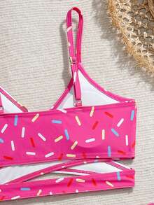 SHEIN 女童泳衣三件套：印花比基尼上衣和下装，网纱裙。可爱甜甜圈印花图案，适合海滩、泳池、夏季度假。 - 彩色 - 查看 4