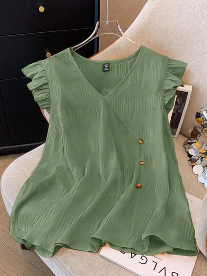 Plus Size Damer sommar Enfärgad V-ringad Cap ärm Button Decor Lös blus