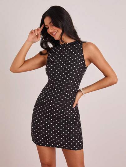 Enchnt Spring/Summer Romantic Women's Black Polka Dot Print Backless Sleeveless Fitted Mini Dress,Sweet&Elegant For Vacation&Date&Holiday&Going Out&Valentine's Day,Spring Outfit Women