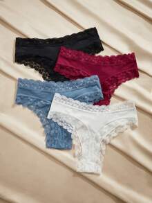NudeFit 4pcs/Set Sexy Lace Trim Women's Thong Panties, All Season - Multicolor - View 2