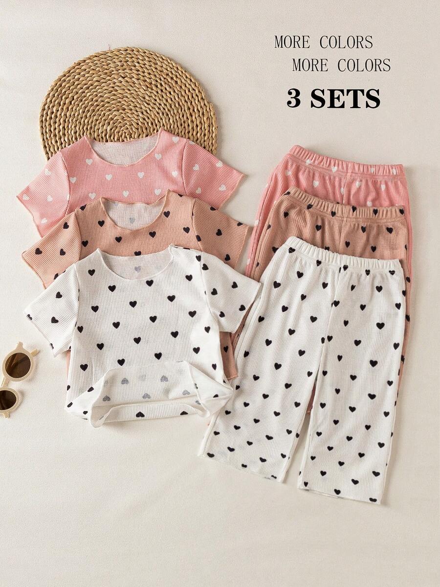 SHEIN 6件套女婴夏季时尚休闲套装，粉色、卡其色、白色印花爱心图案，搭配罗纹短袖T恤3件和同色系裤子3条，共3套，适合日常和上学穿着。 - 粉色 - 查看 1