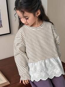 DAZY 女童圆领条纹长袖荷叶边休闲T恤 - 杏色 - 查看 1
