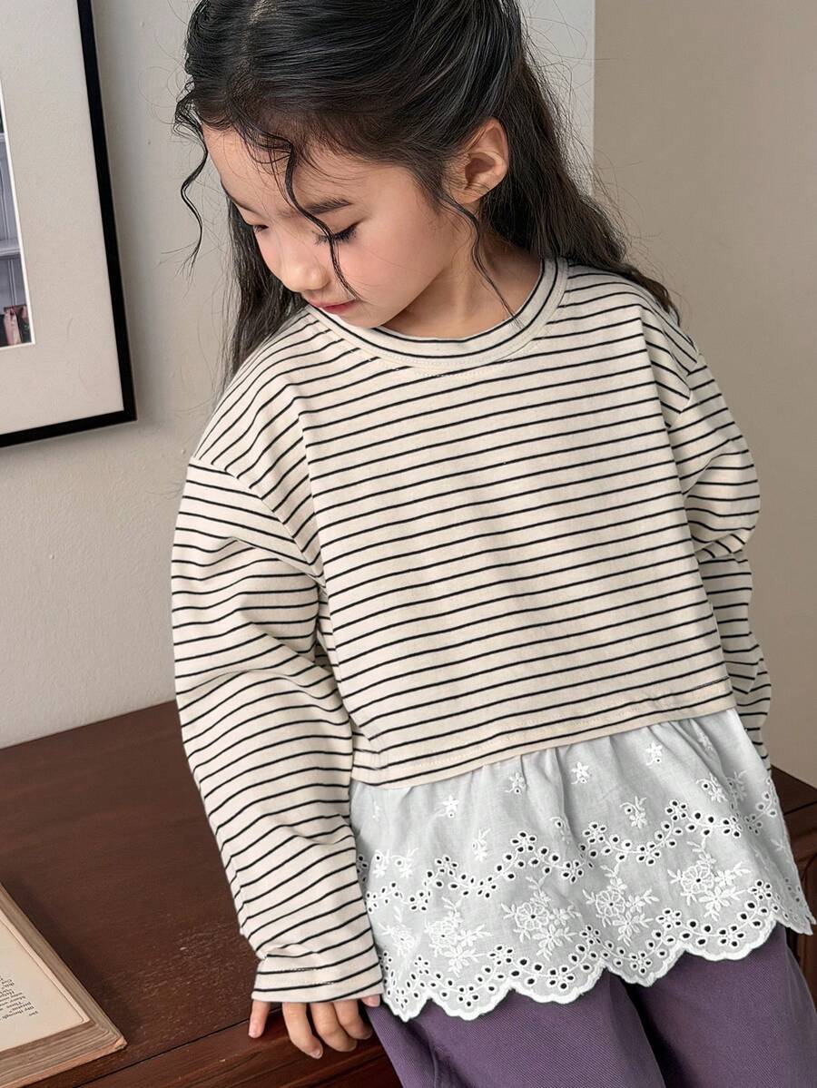 DAZY 女童圆领条纹长袖荷叶边休闲T恤 - 杏色 - 查看 1