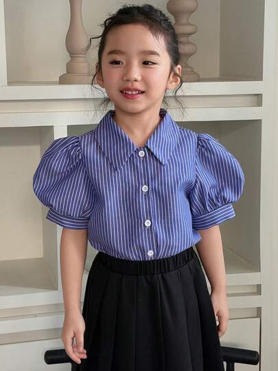 DAZY Young Girls Turndown Collar Striped Short Sleeve Korean Style Shirt, Spring/Summer