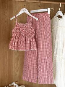 SHEIN Vintaside Kids 少女休闲甜美褶皱纹理松紧吊带背心搭配宽松阔腿裤两件套，适合日常、度假、姐妹合照、春夏穿搭、假日、夏季、旅行