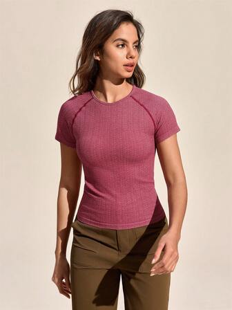 Exploreva Damen Einfarbiges Rundhals Raglanärmel Figurbetontes Lässig Outdoor T-Shirt