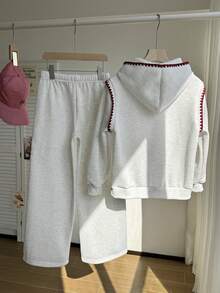 SHEIN Set de 2 piezas de sudadera con capucha y pantalón de chándal de corte holgado con estampado en inglés para adolescentes, diseño con ribete de contraste, adecuado para otoño/invierno, uso al aire libre, escuela, viajes, fiestas, ir y venir - Gris - Ver 2