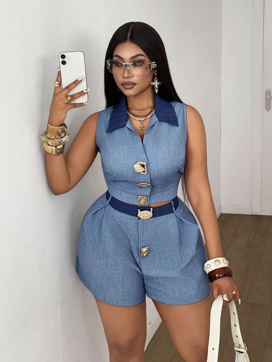 Maweii Plus Size Contrast Color Metal Button Sleeveless Top And Shorts Casual 2 Pieces Set - Blue - View 1