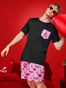 Men's Cute & Funny Valentine's Day Print Pajama Set, Spring/Summer - Multicolor - View 4