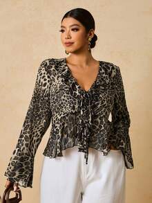 SHEIN VCAY Plus Size Women's Leopard Print Chiffon Long Sleeve Blouse, V-Neck Ruffle Romantic Elegant Top - Grey - View 5