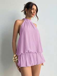 Aloruh Purple Floral Bud Collar Sleeveless Backless Loose Fashion Dress - Lilac Purple - View 5