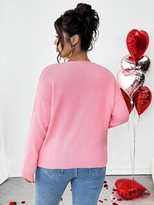 Elenzga Women's Casual V-Neck Bow Tie Long Sleeve Loose Fit Plus Size Sweater,Cerise Pink,Autumn,Cute,Wedding Ninang Outerwear Pink Bow Cute Winter Sweaters - Pink - View 2