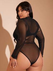 SHEIN BAE 大码女式黑色网纱透视连体衣，女士连体衣，黑色连体衣，紧身连体袜，大码塑形连体衣，演唱会连体衣，圣诞节服装，女士休闲紧身连体衣，性感连体衣，大码长袖连体衣，高领连体衣，大码透视连体衣，女士职业装