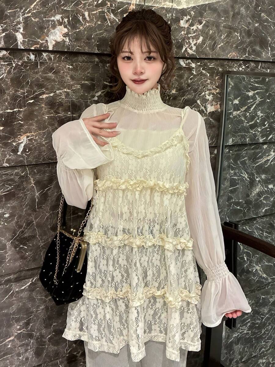 FRIFUL 女士花卉蕾丝层叠荷叶边吊带背心 - 杏色 - 查看 1