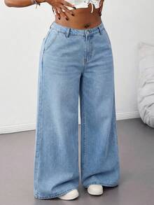 SHEIN Tall CURVE Plus Size Light Blue Elastic Waist Casual Straight Loose Fit Jeans